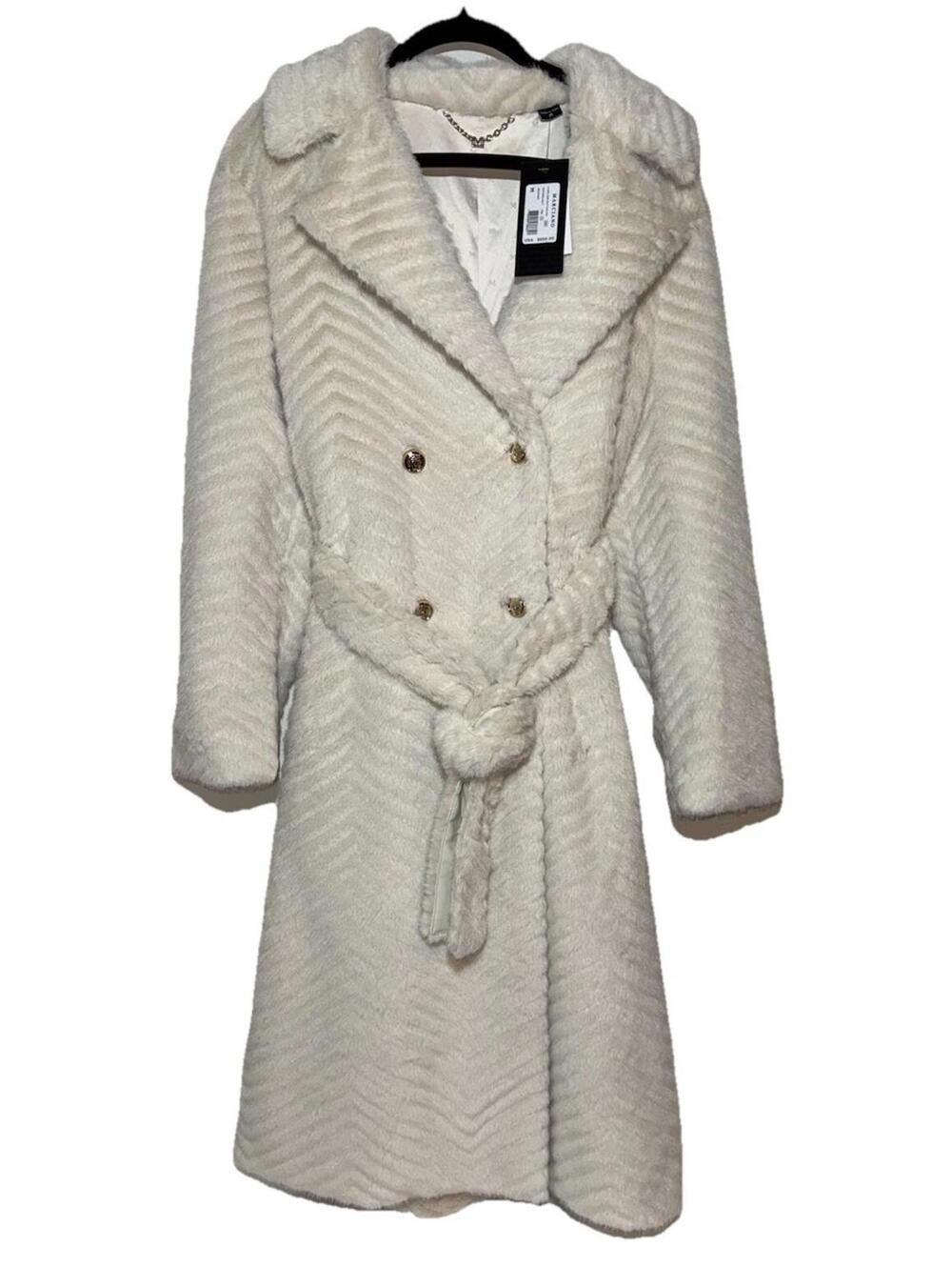 NWT $650 MARCIANO DESIGNER GUESS CLAIRE LONG FAUX FUR WOMENS COAT MEDIUM IVORY